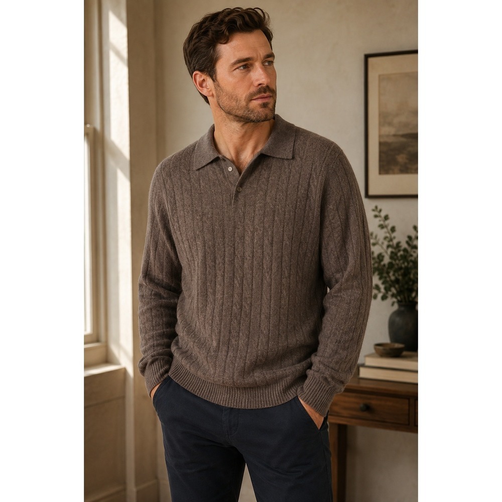 Allen Solly 100% Cashmere Cable Knit Polo Sweater Mens XL Brown Quiet Luxury